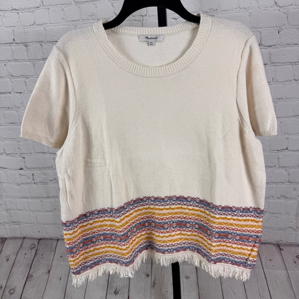 Madewell Pearl Ivory Fringed Jacquard Sweater Tee Short Sleeve Size XXL